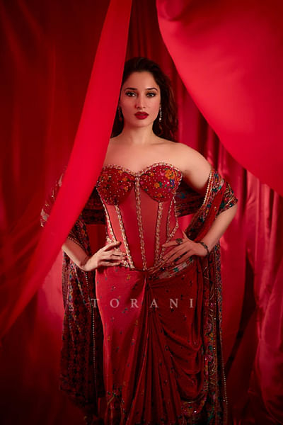 Red floral printed sari corset set