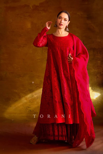 Red aari embroidered anarkali sharara set