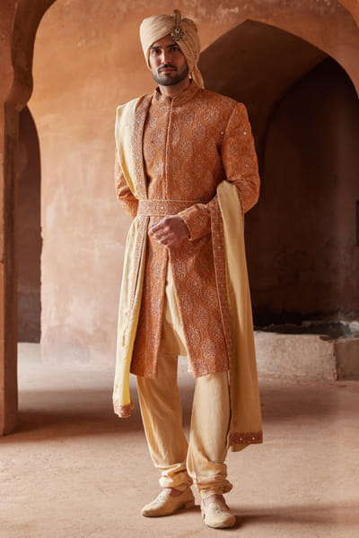 Rust mirror embroidered sherwani set