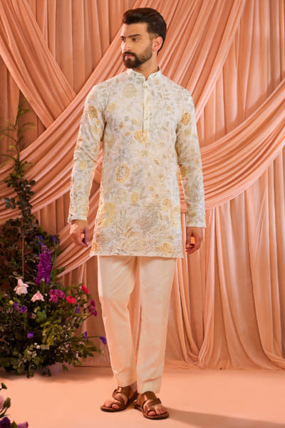 Ivory thread embroidered kurta