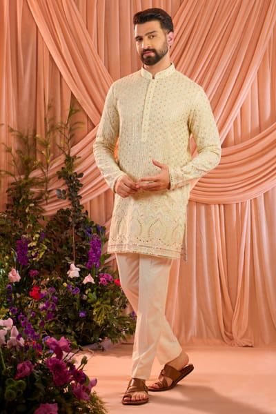 Yellow sequin embroidered kurta
