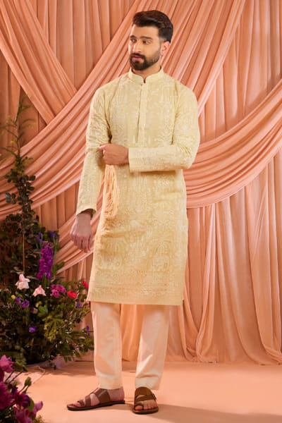 Yellow thread embroidered kurta