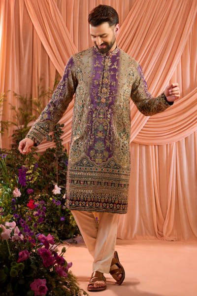 Purple sequin embroidered crepe silk kurta