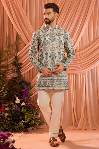 Beige thread embroidered kurta