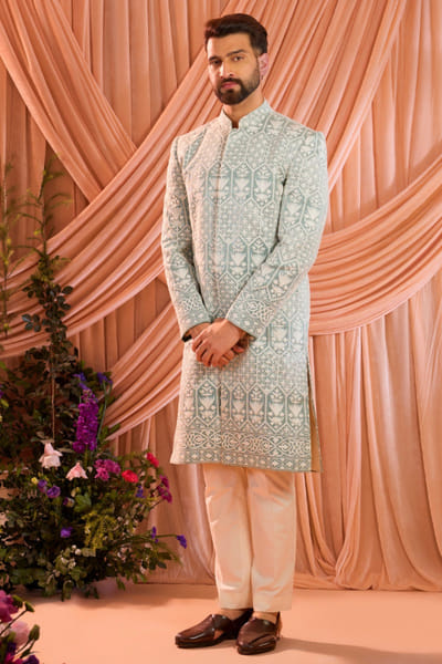 Blue chikankari embroidered sherwani