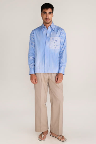 Rosani Blue cutwork stripe shirt ROSAAUG26D152354