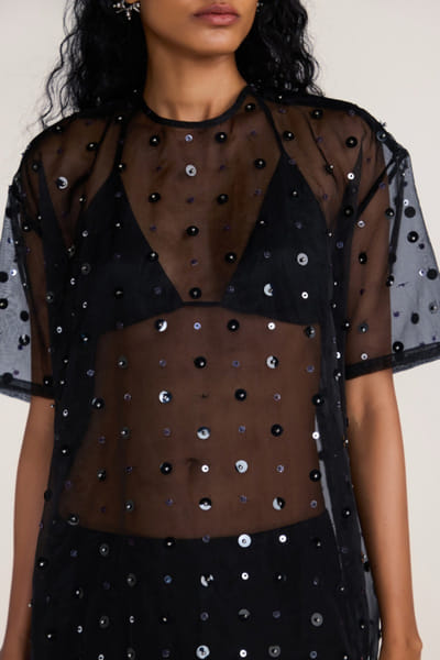 Rosani Black sequin embroidered t-shirt ROSAAUG26D151650
