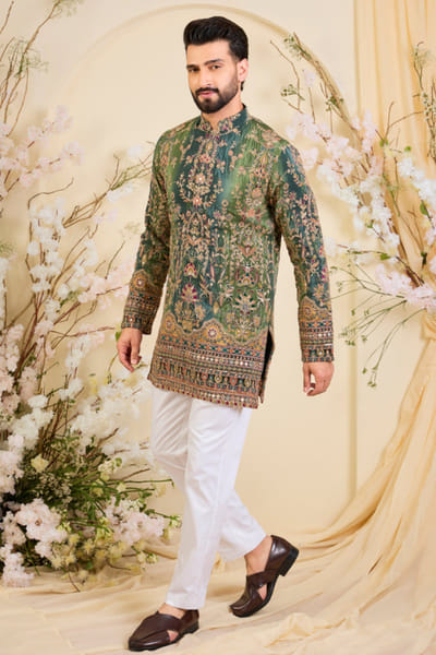 Kasbah Green printed zari embroidered kurta KASBJUL26D150100