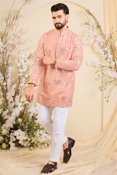 Kasbah Peach floral sequin embroidered kurta KASBJUL26D150101