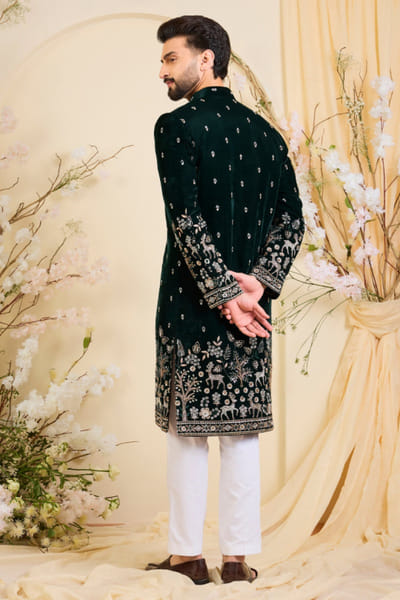Kasbah Bottle green cutdana embroidered sherwani KASBJUL26D150107
