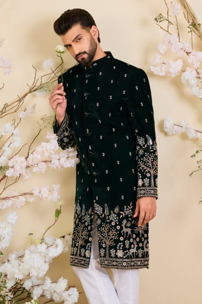 Kasbah Bottle green cutdana embroidered sherwani KASBJUL26D150107