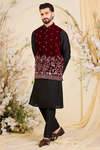 Kasbah Maroon cutdana embroidered Nehru jacket KASBJUL26D150145