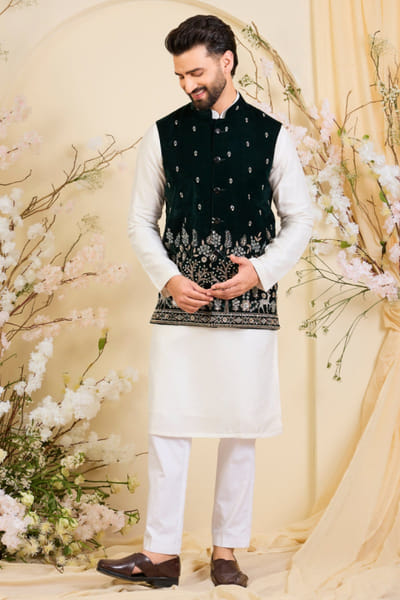 Kasbah Green cutdana embroidered Nehru jacket KASBJUL26D150142