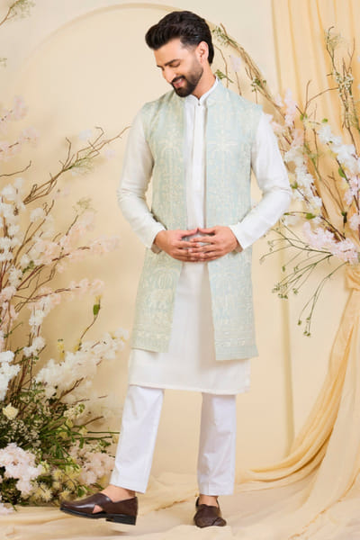 Kasbah Powder blue sequin embroidered open jacket KASBJUL26D150117