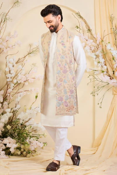 Kasbah Gold floral cutdana embroidered open jacket KASBJUL26D150116