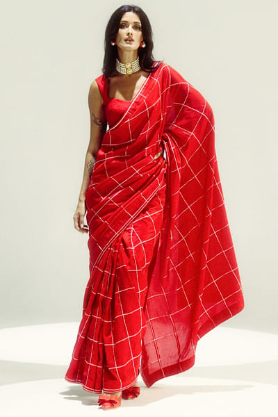Radiant red checks handwoven silk sari set