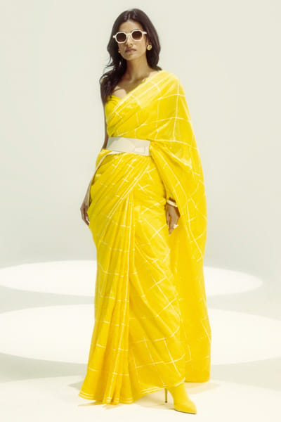 Yellow checks handwoven silk sari set