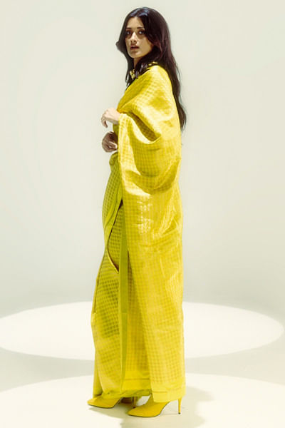 Yellow houndstooth handwoven zari sari set