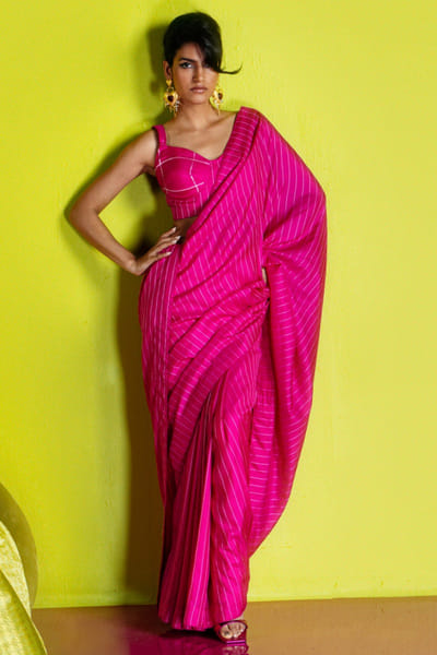 Rani pink pinstripe handwoven silk sari set