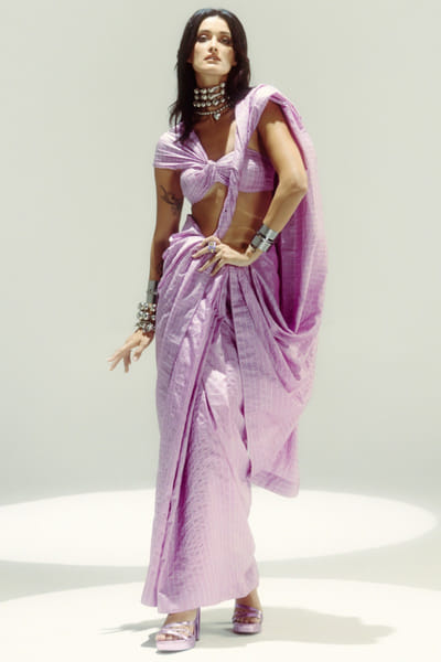 Lilac pin stripe handwoven silk sari set