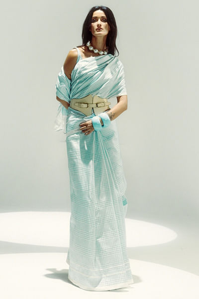 Powder blue and white plaid handwoven sari set