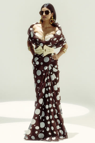 Espresso and white confetti handwoven sari set