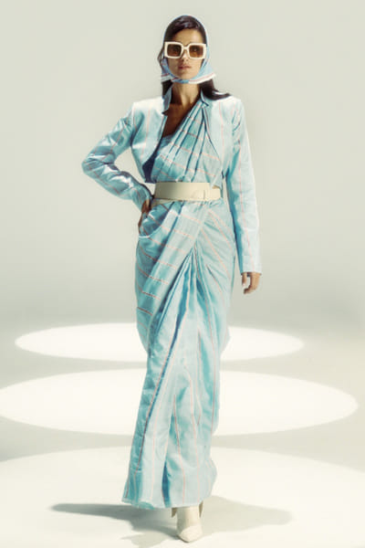 Powder blue stripe handwoven silk sari set