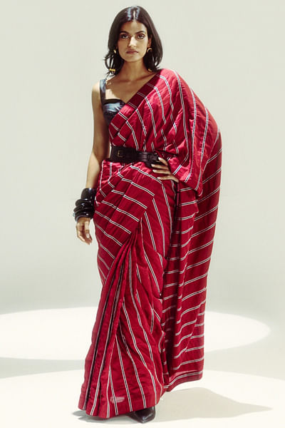 Red pencil stripe handwoven silk sari set