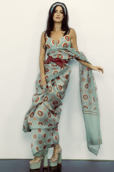 Modern teal floral digital print sari set