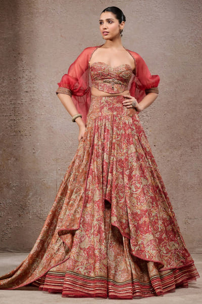 Rust printed draped lehenga