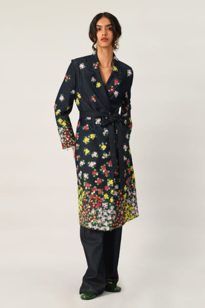 Blue embroidered double-breasted denim jacket