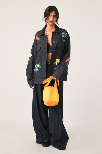 Blue floral appliqué embroidered denim jacket