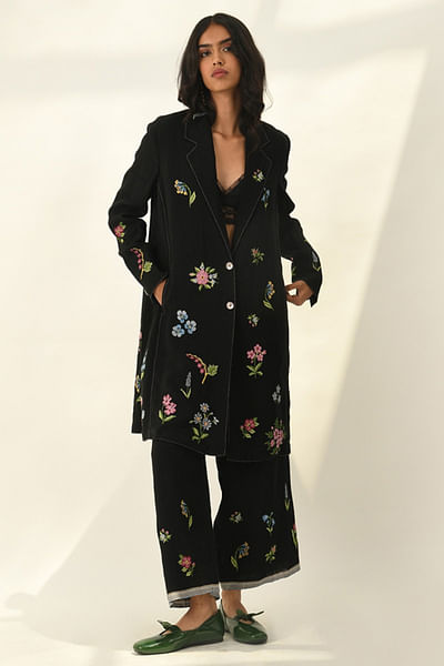 Black floral cross-stitch embroidered jacket