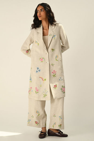 Beige floral cross-stitch embroidered jacket