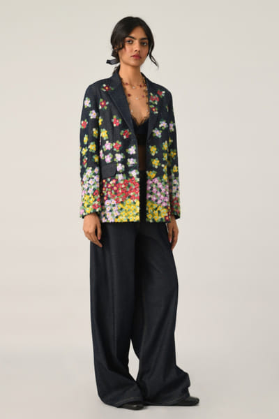 Blue floral embroidered denim jacket