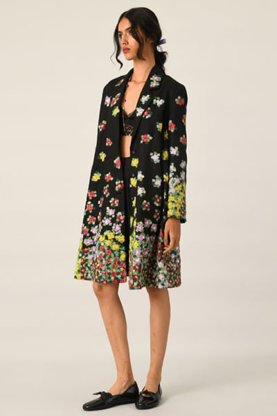 Black appliqué embroidered linen jacket
