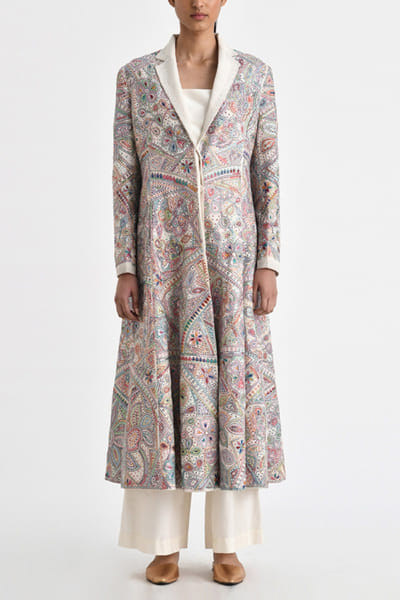 Ecru floral and geometric embroidered jacket
