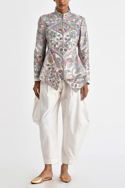 Ecru floral embroidered asymmetric jacket
