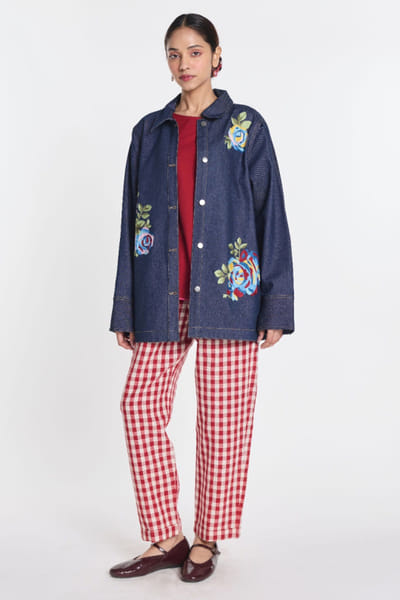 Denim blue floral painted jacket