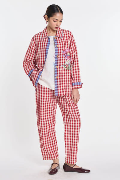 Red floral embroidered gingham jacket