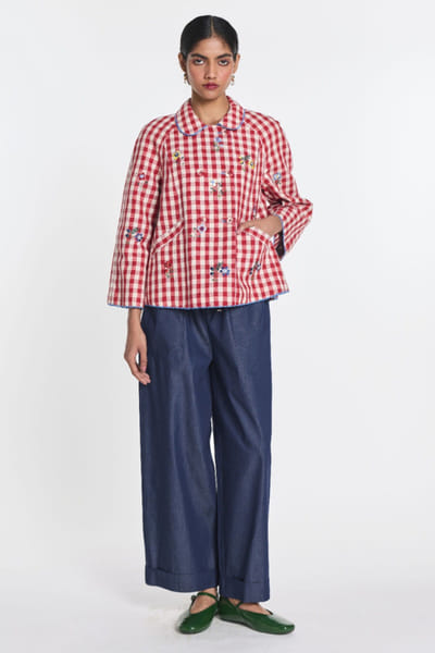 Red floral embroidered double breasted jacket