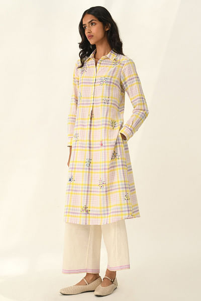 Ivory checked floral embroidered shirt tunic