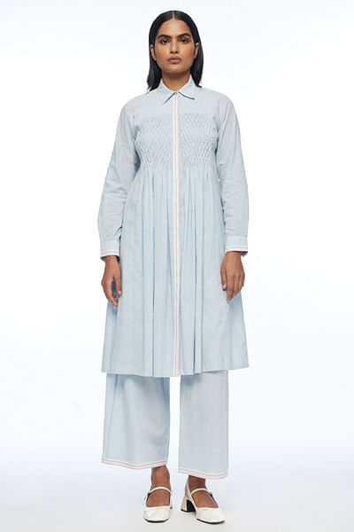 Powder blue smocked shirt tunic