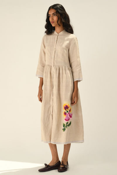 Beige floral embroidered front-open dress