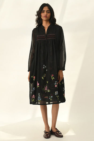 Black floral embroidered-smocked tunic dress
