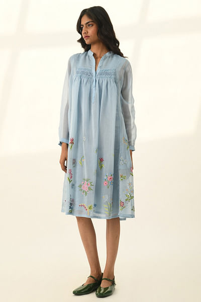 Blue floral embroidered-smocked tunic dress
