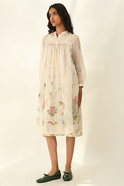 Ivory floral embroidered-smocked tunic dress