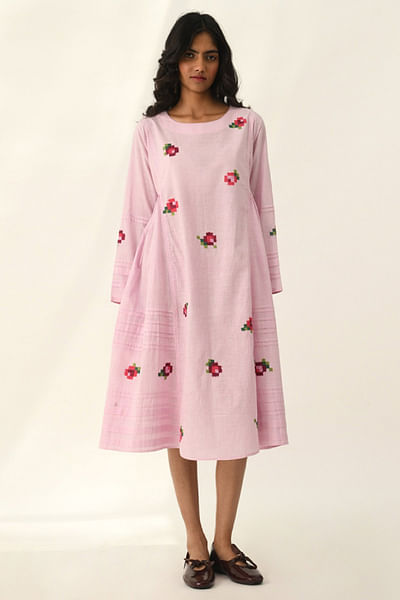 Pink rose embroidered panel-pleated dress