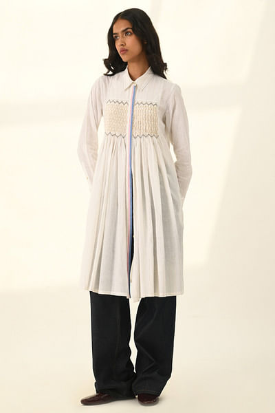 Ivory smocked and gathered shirt tunic