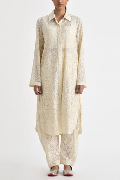 Ecru floral and geometric embroidered kurta